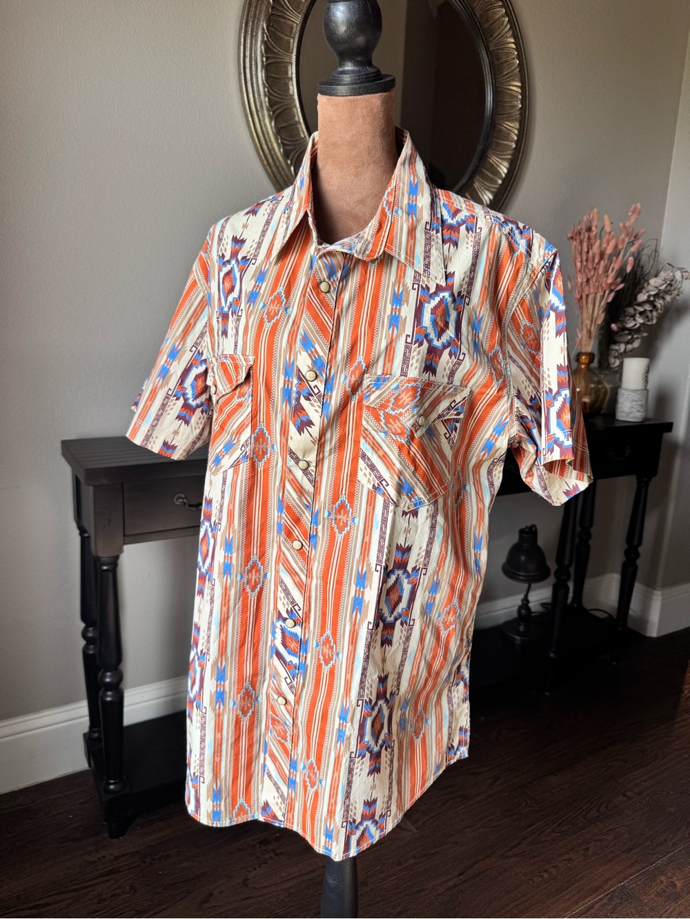 Men’s Western Pearl Snap Button-Down Shirt in Orange & Blue Aztec Stripe